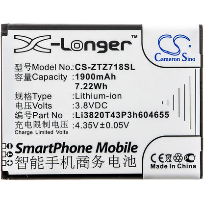 3.8V, 1900mAh, Li-ion Battery fits Zte, Jasper, Jasper Lte, 7.22Wh