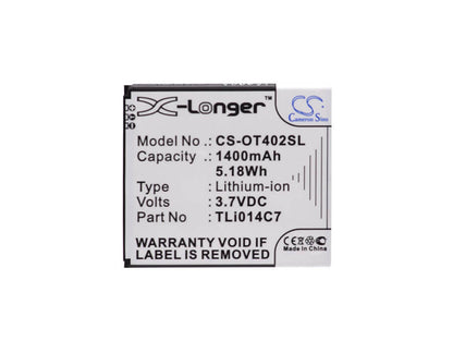 3.7V, 1400mAh, Li-ion Battery fits Alcatel, One Touch Pixi First, Ot-4024, 5.18Wh