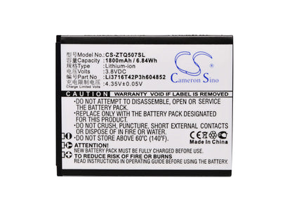 3.8V, 1800mAh, Li-ion Battery fits Zte, Q507t, 6.84Wh
