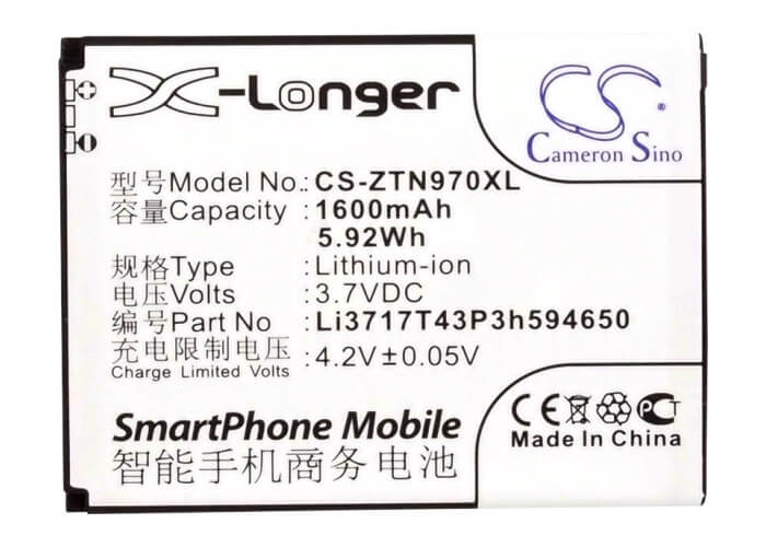 3.7V, 1600mAh, Li-ion Battery fits Virgin Mobile, Awe, Awe N800, 5.92Wh