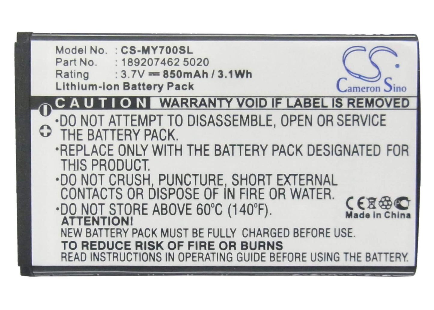 3.7V, 850mAh, Li-ion Battery fits Sagem, My419x, My700x, 3.145Wh