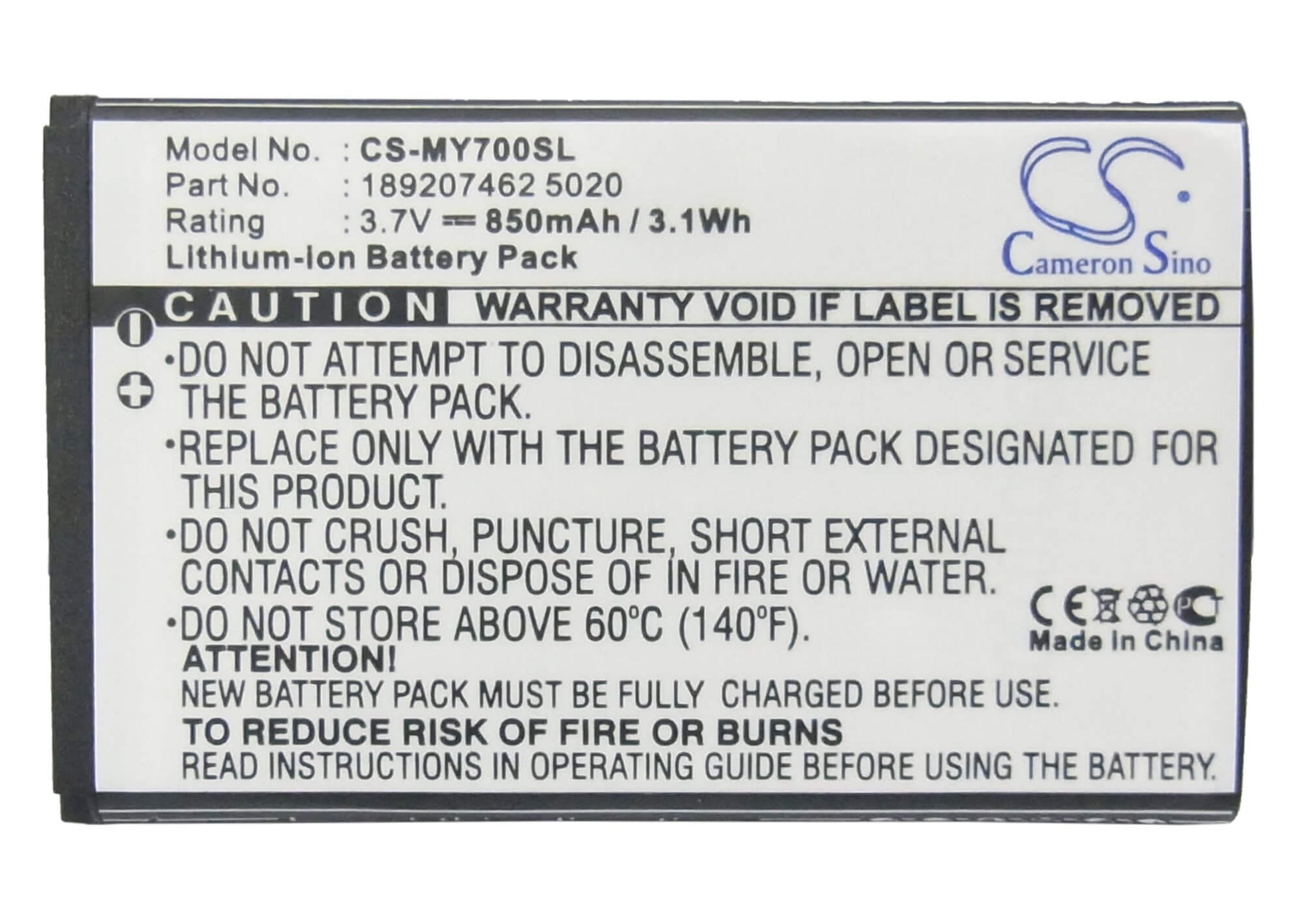 3.7V, 850mAh, Li-ion Battery fits Sagem, My419x, My700x, 3.145Wh