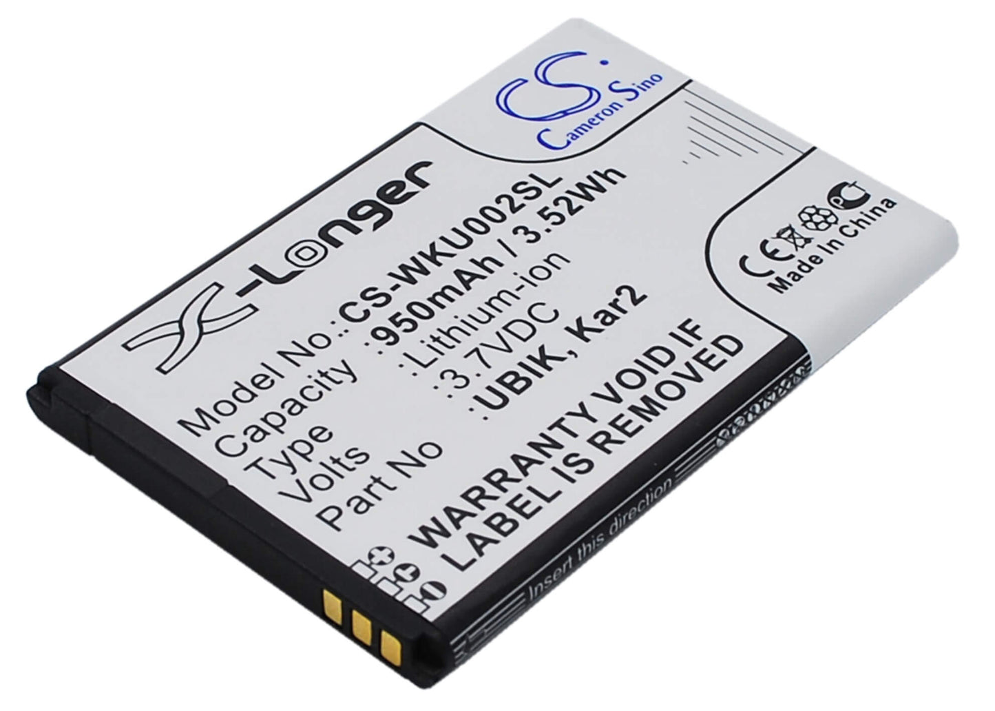 3.7V, 950mAh, Li-ion Battery fits Wiko, Dolfy, Kar 2, 3.515Wh