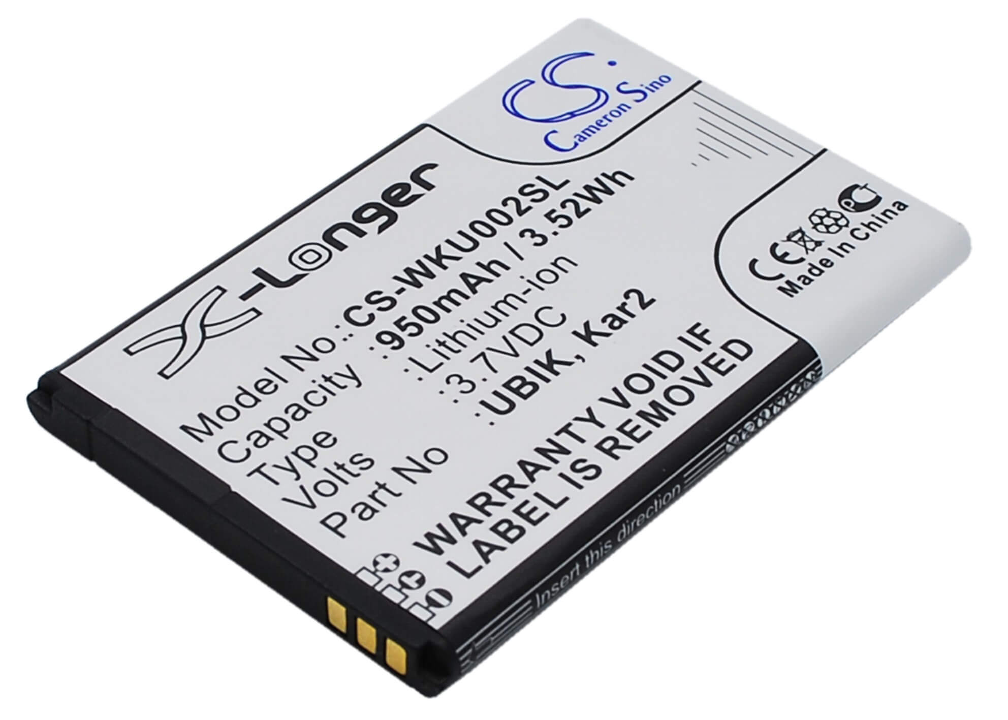 3.7V, 950mAh, Li-ion Battery fits Wiko, Dolfy, Kar 2, 3.515Wh
