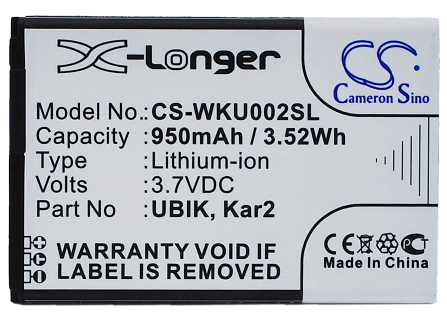3.7V, 950mAh, Li-ion Battery fits Wiko, Dolfy, Kar 2, 3.515Wh