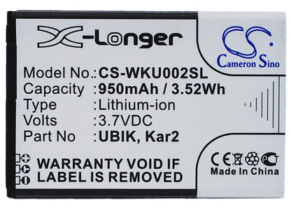 3.7V, 950mAh, Li-ion Battery fits Wiko, Dolfy, Kar 2, 3.515Wh