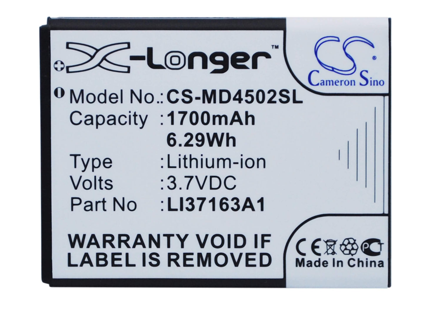 3.7V, 1700mAh, Li-ion Battery fits Medion, Life E4502, Life P4013, 6.29Wh