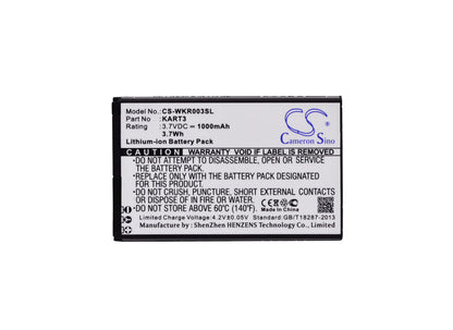 3.7V, 1000mAh, Li-ion Battery fits Wiko, Kart 3, Kart3, 3.7Wh