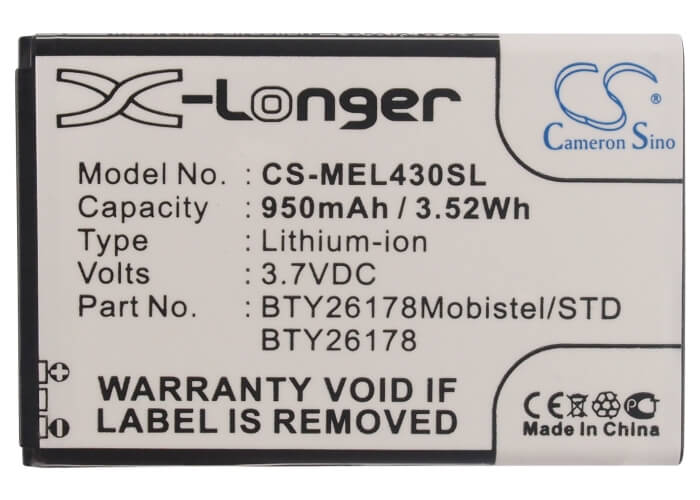 3.7V, 950mAh, Li-ion Battery fits Mobistel, El430, El430 Dual, 3.515Wh