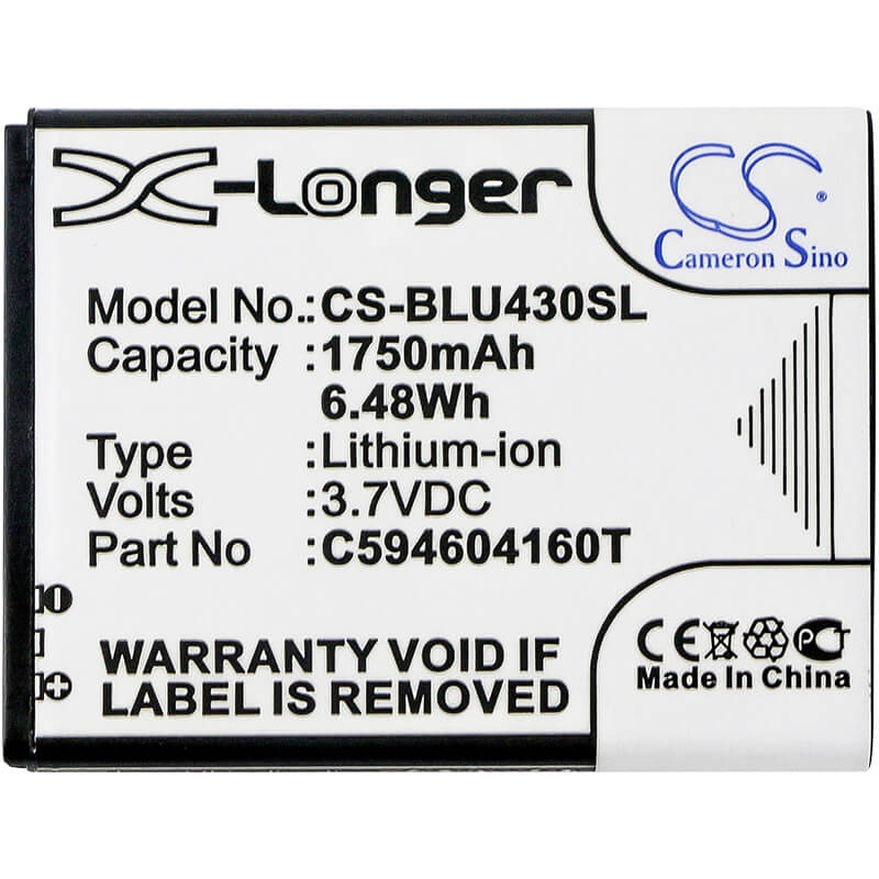 3.7V, 1750mAh, Li-ion Battery fits Blu, D910a, Vivo 4.3, 6.475Wh