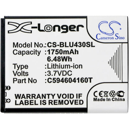 3.7V, 1750mAh, Li-ion Battery fits Blu, D910a, Vivo 4.3, 6.475Wh