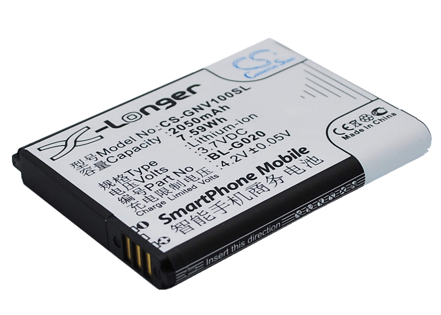 3.7V, 2050mAh, Li-ion Battery fits Gionee, A326, A809, 7.585Wh