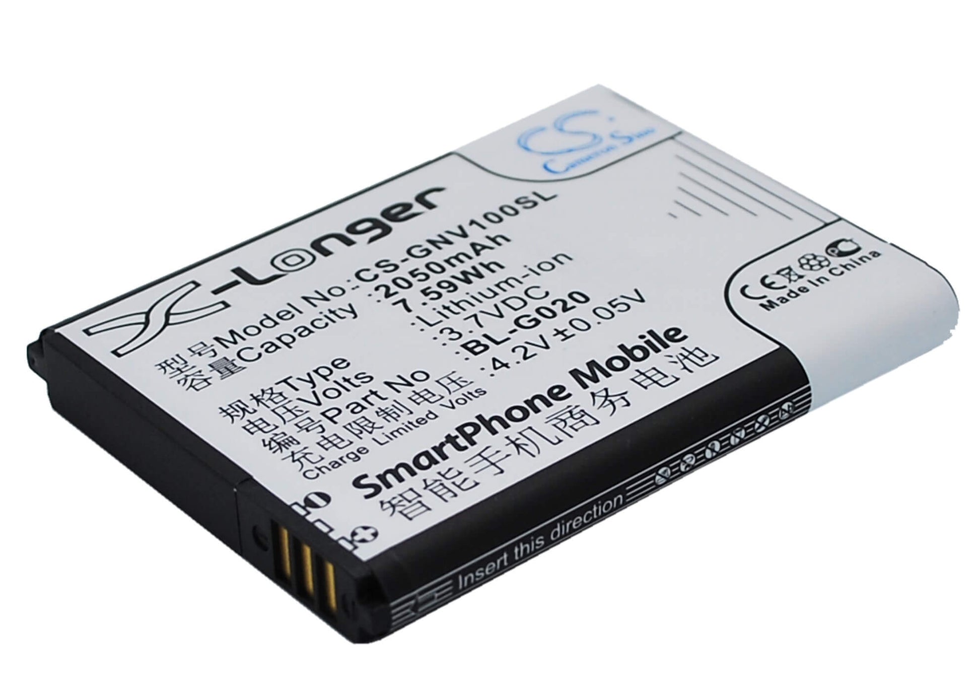 3.7V, 2050mAh, Li-ion Battery fits Gionee, A326, A809, 7.585Wh