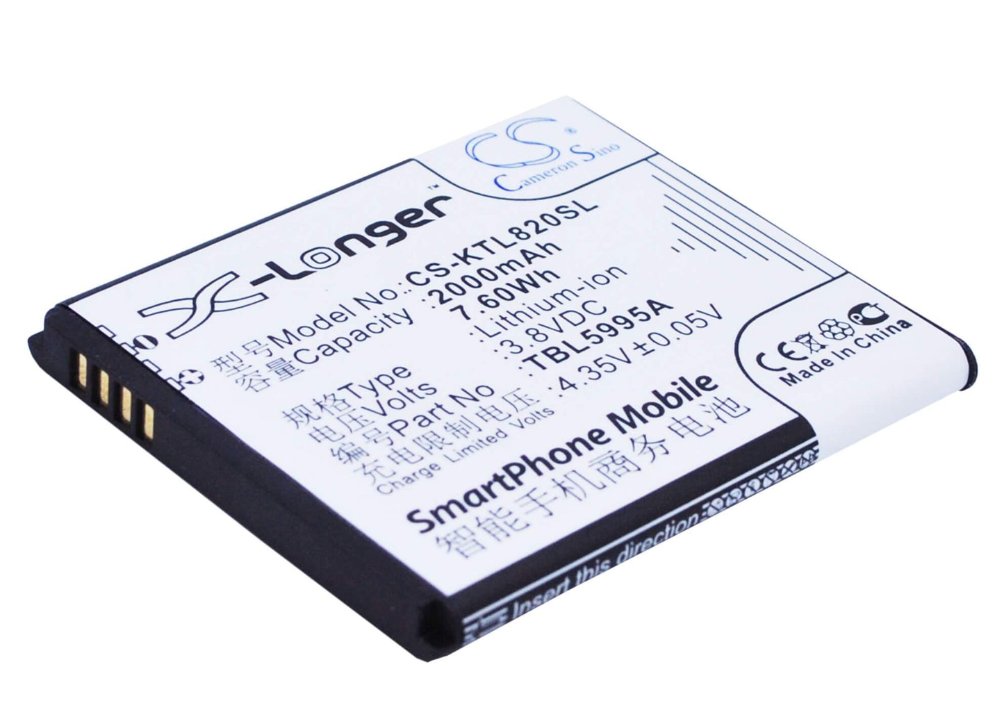 3.8V, 2000mAh, Li-ion Battery fits K-touch, L820, L820c, 7.6Wh