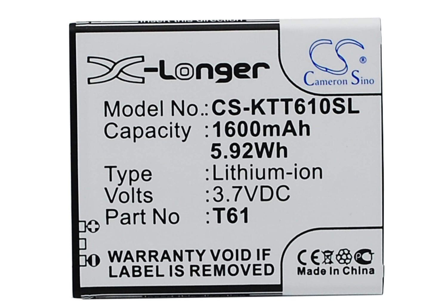 3.7V, 1600mAh, Li-ion Battery fits K-touch, T61, 5.92Wh