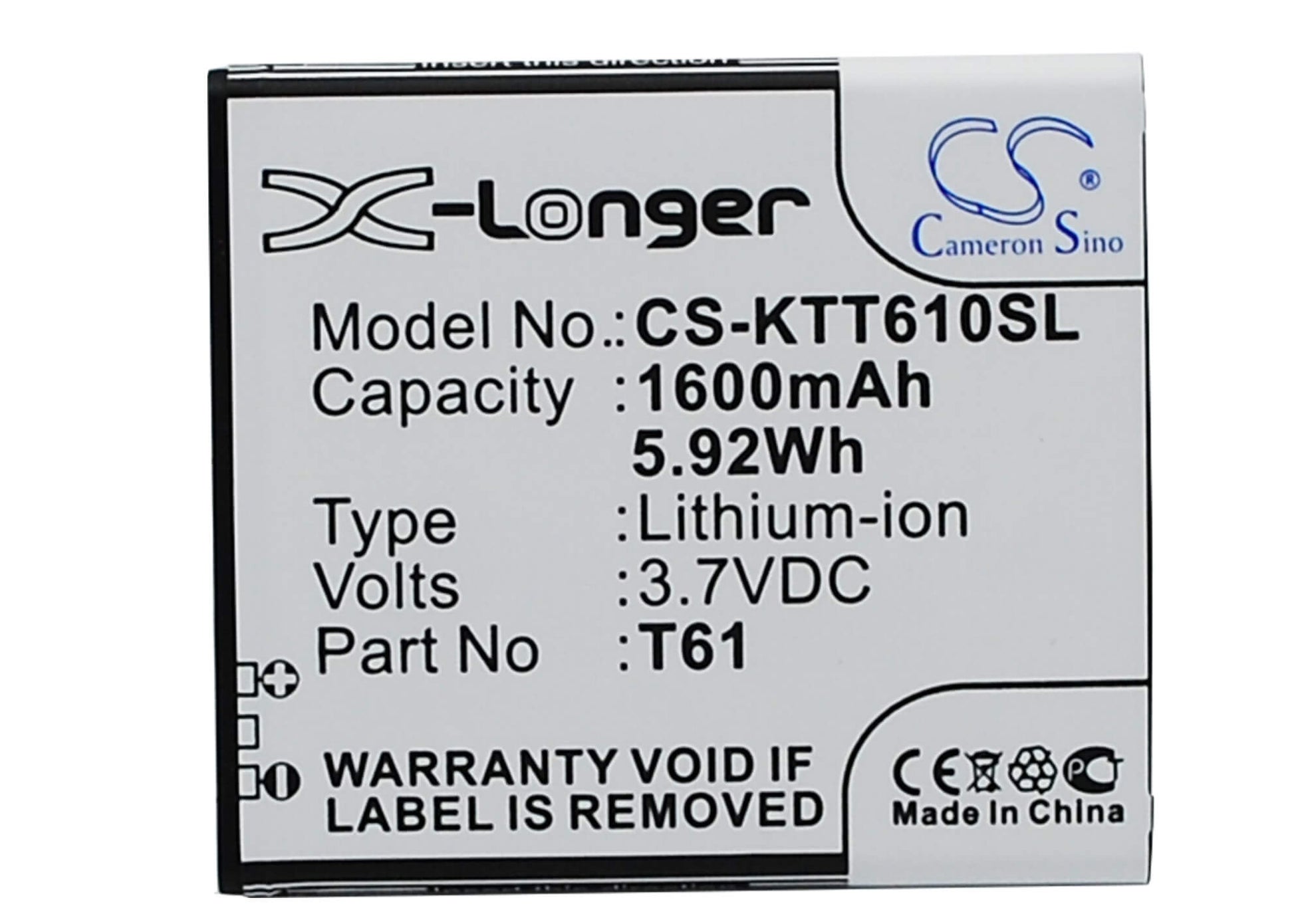 3.7V, 1600mAh, Li-ion Battery fits K-touch, T61, 5.92Wh