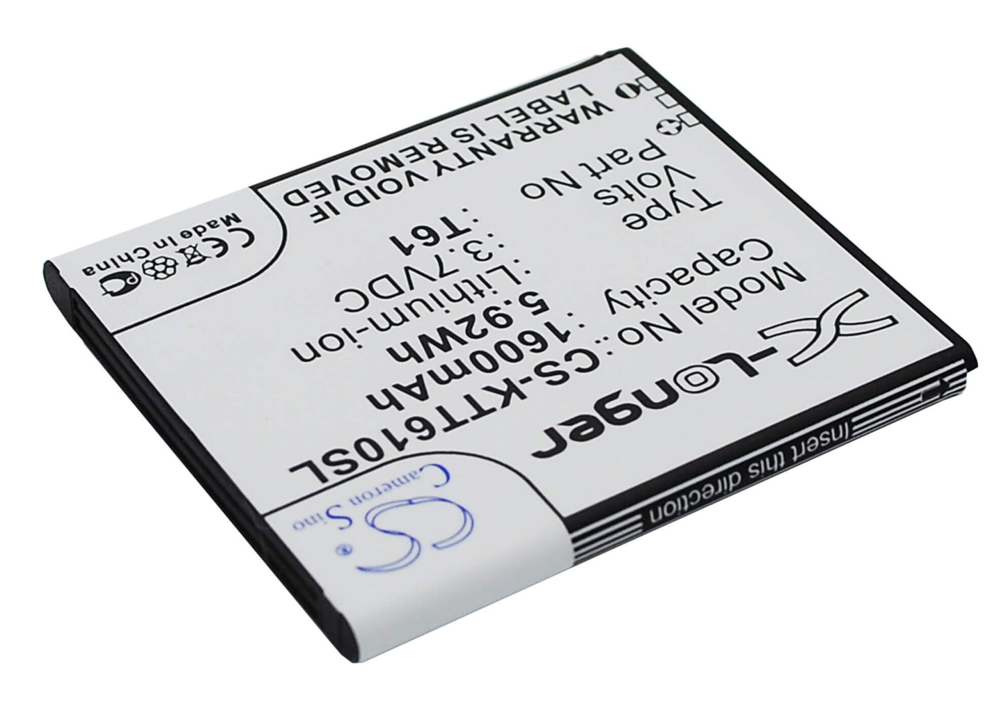3.7V, 1600mAh, Li-ion Battery fits K-touch, T61, 5.92Wh