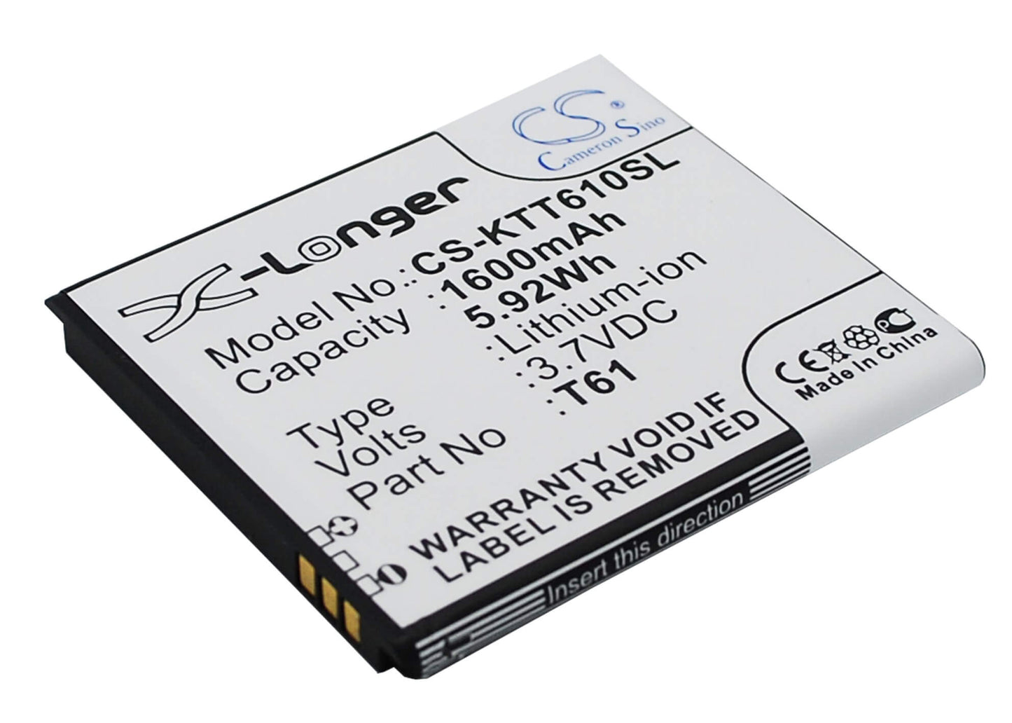 3.7V, 1600mAh, Li-ion Battery fits K-touch, T61, 5.92Wh