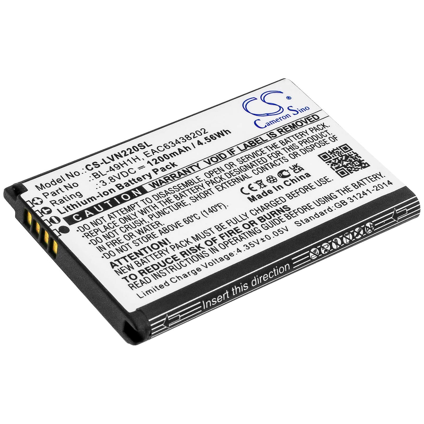 3.8V, 1200mAh, Li-ion Battery fits Lg, Classic Flip, Exalt Lte 4g, 4.56Wh