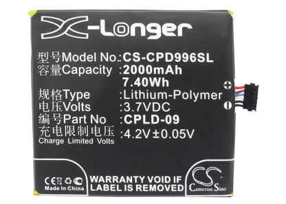 3.7V, 2000mAh, Li-Polymer Battery fits Coolpad, 9960, 7.4Wh