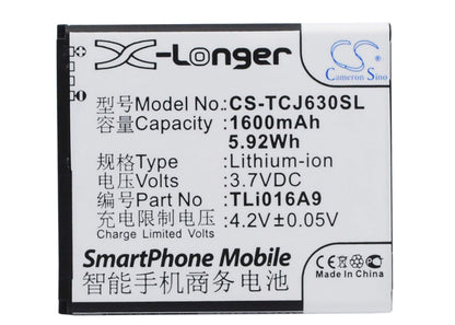 3.7V, 1600mAh, Li-ion Battery fits Tcl, J600t, J630t, 5.92Wh