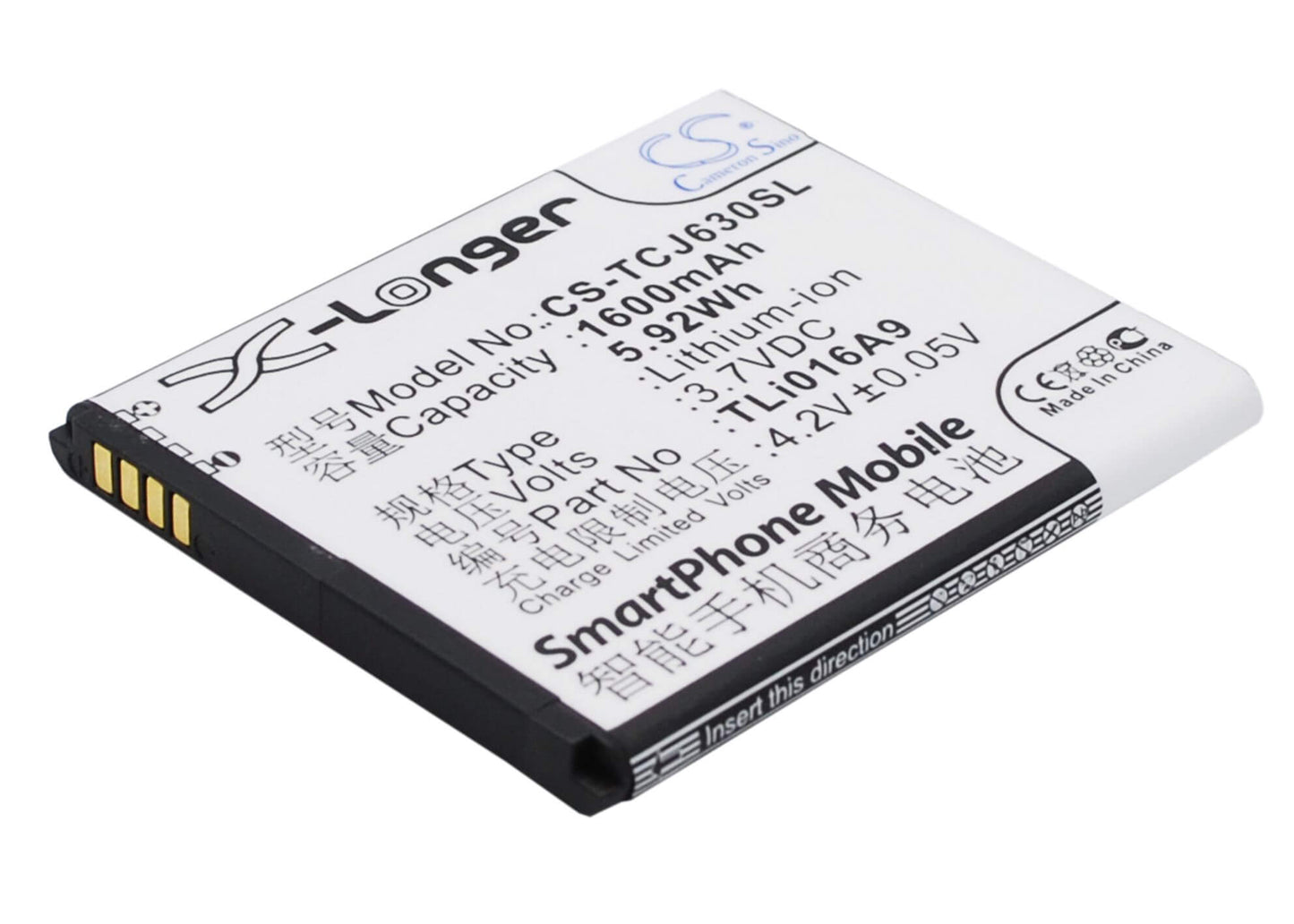 3.7V, 1600mAh, Li-ion Battery fits Tcl, J600t, J630t, 5.92Wh
