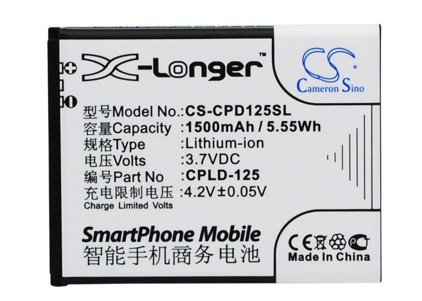3.7V, 1500mAh, Li-ion Battery fits Coolpad, 8017-t00, 5.55Wh