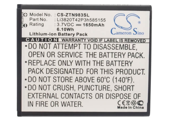 3.7V, 1650mAh, Li-ion Battery fits Zte, N983, Solar, 6.105Wh