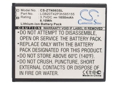 3.7V, 1650mAh, Li-ion Battery fits Zte, N983, Solar, 6.105Wh