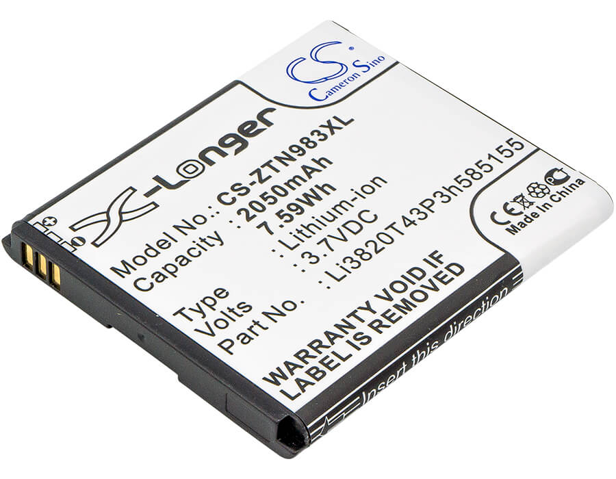 3.7V, 2050mAh, Li-ion Battery fits Zte, N983, Solar, 7.585Wh
