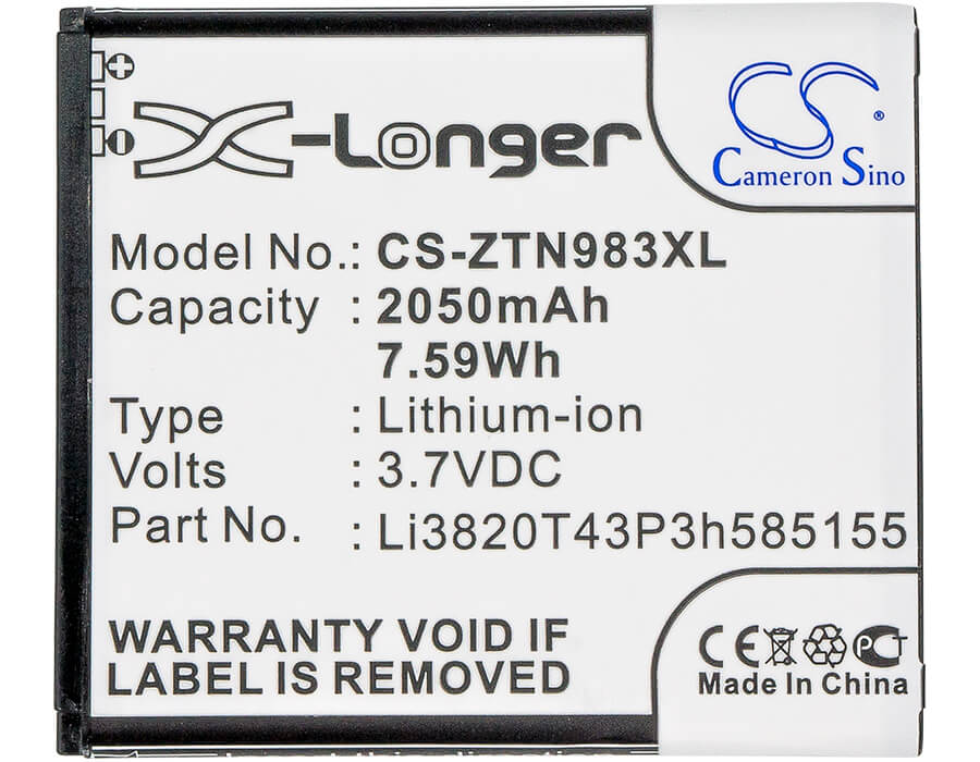 3.7V, 2050mAh, Li-ion Battery fits Zte, N983, Solar, 7.585Wh