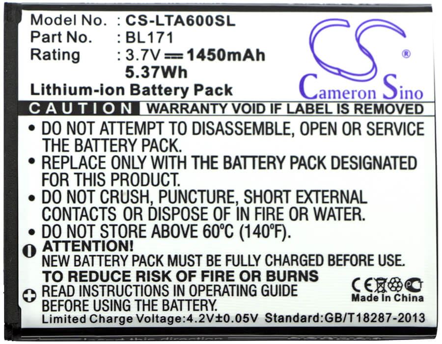 3.7V, 1450mAh, Li-ion Battery fits Lenovo, A356, A368, 5.365Wh