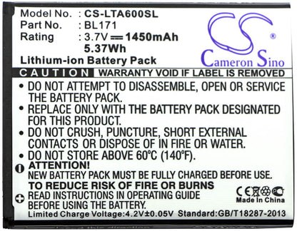 3.7V, 1450mAh, Li-ion Battery fits Lenovo, A356, A368, 5.365Wh