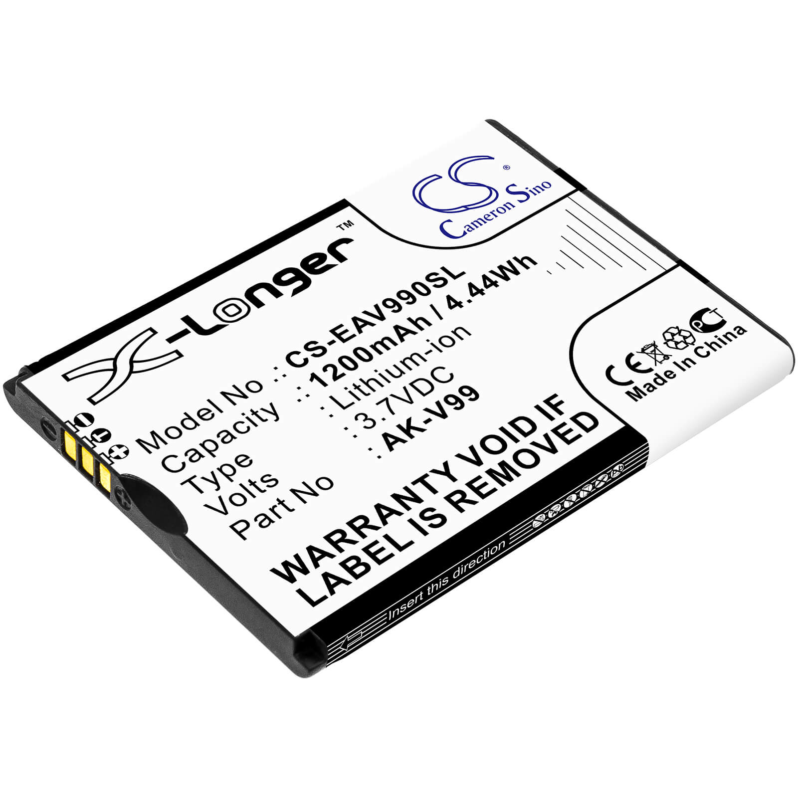 3.7V, 1200mAh, Li-ion Battery fits Emporia, Select, V99, 4.44Wh