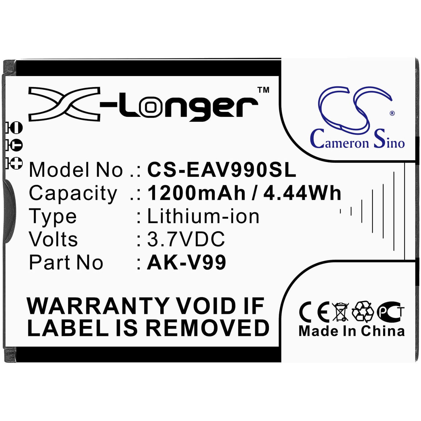 3.7V, 1200mAh, Li-ion Battery fits Emporia, Select, V99, 4.44Wh