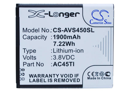 3.8V, 1900mAh, Li-ion Battery fits Archos, 45 Titanium, Ohne Simlock, 7.22Wh