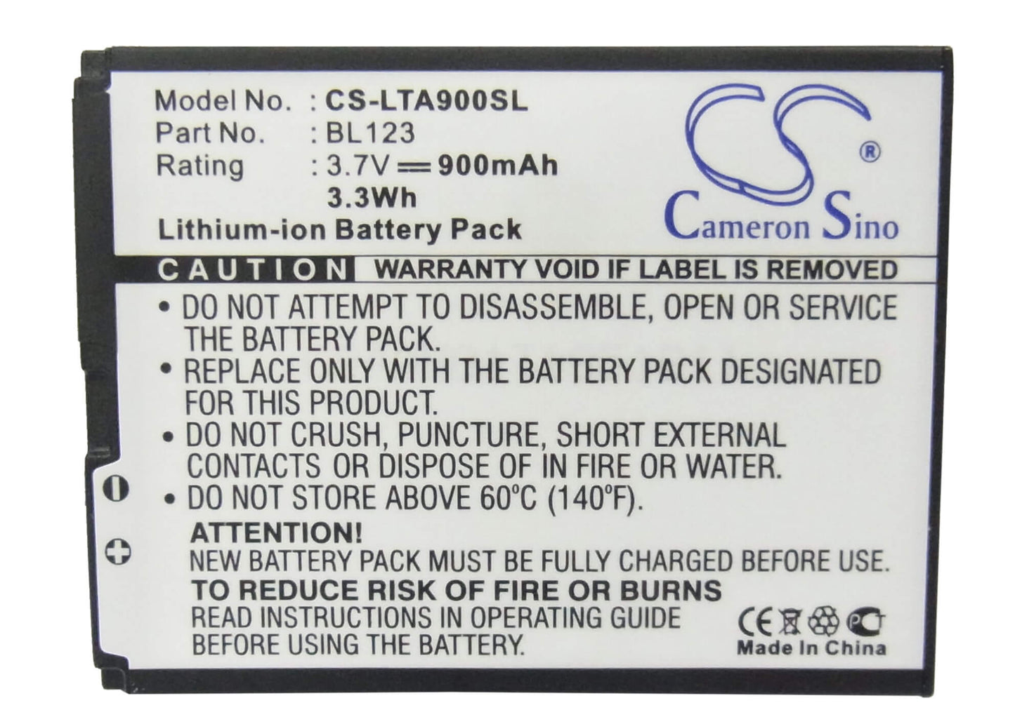 3.7V, 900mAh, Li-ion Battery fits Lenovo, A900, 3.33Wh