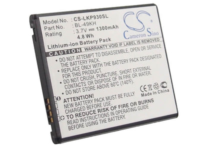 3.7V, 1300mAh, Li-ion Battery fits Lg, Lu6200, Nitro Hd, 4.81Wh