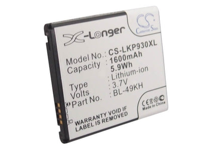 3.7V, 1600mAh, Li-ion Battery fits Lg, Lu6200, Nitro Hd, 5.92Wh