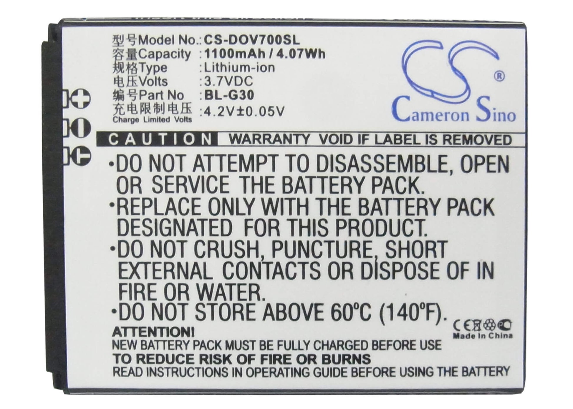 3.7V, 1100mAh, Li-ion Battery fits Doov, D7, Ieva D7, 4.07Wh
