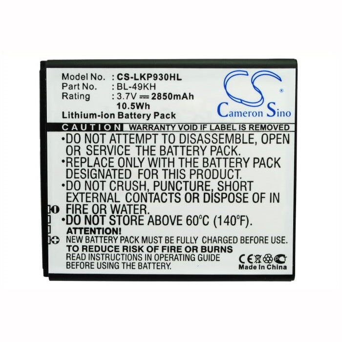 3.7V, 2850mAh, Li-ion Battery fits Lg, Lu6200, Nitro Hd, 10.545Wh