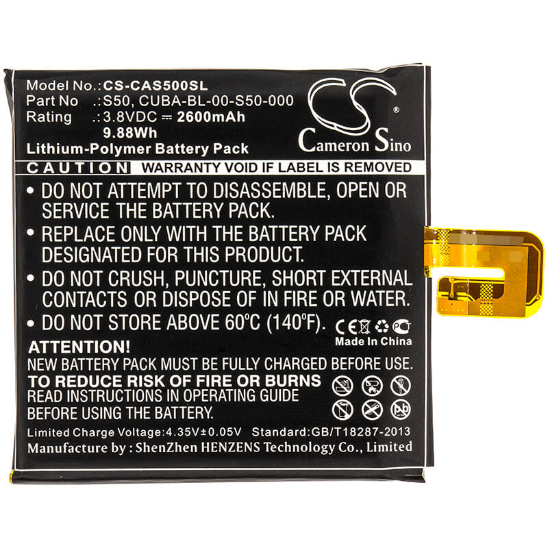 3.8V, 2600mAh, Li-Polymer Battery fits Caterpillar, S50, 9.88Wh