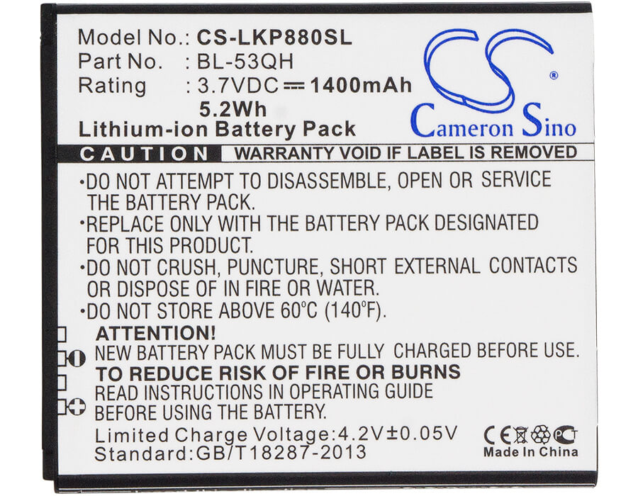 3.7V, 1400mAh, Li-ion Battery fits Lg, Escape, F160k, 5.18Wh