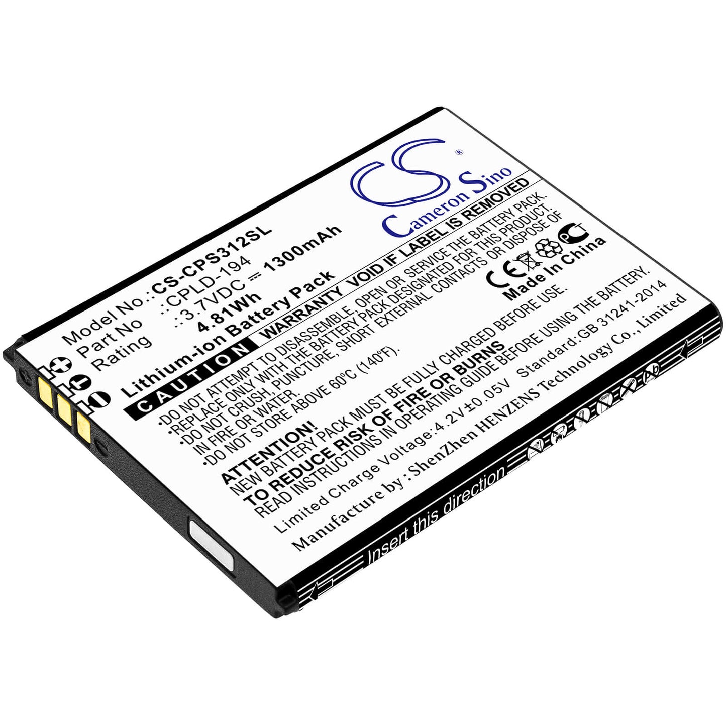 3.7V, 1300mAh, Li-ion Battery fits Coolpad, 3312a, Snap, 4.81Wh