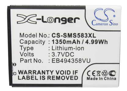 3.7V, 1350mAh, Li-ion Battery fits Samsung, Ace, Cooper, 4.995Wh