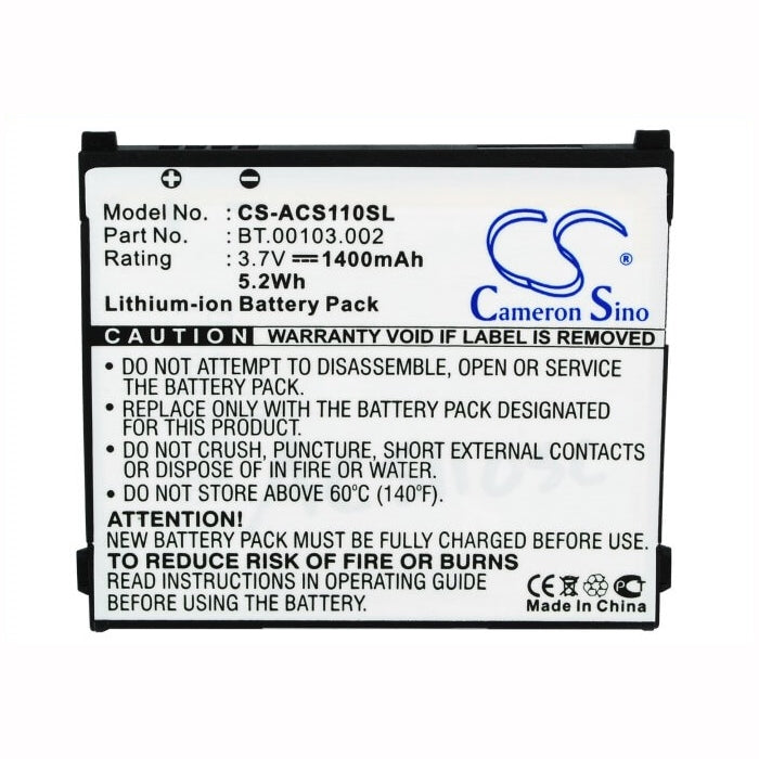 3.7V, 1400mAh, Li-ion Battery fits Acer, Liquid S110, Neotouch S110, 5.18Wh