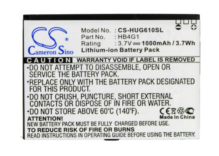 3.7V, 1000mAh, Li-ion Battery fits Huawei, G6610, G6610v, 3.7Wh