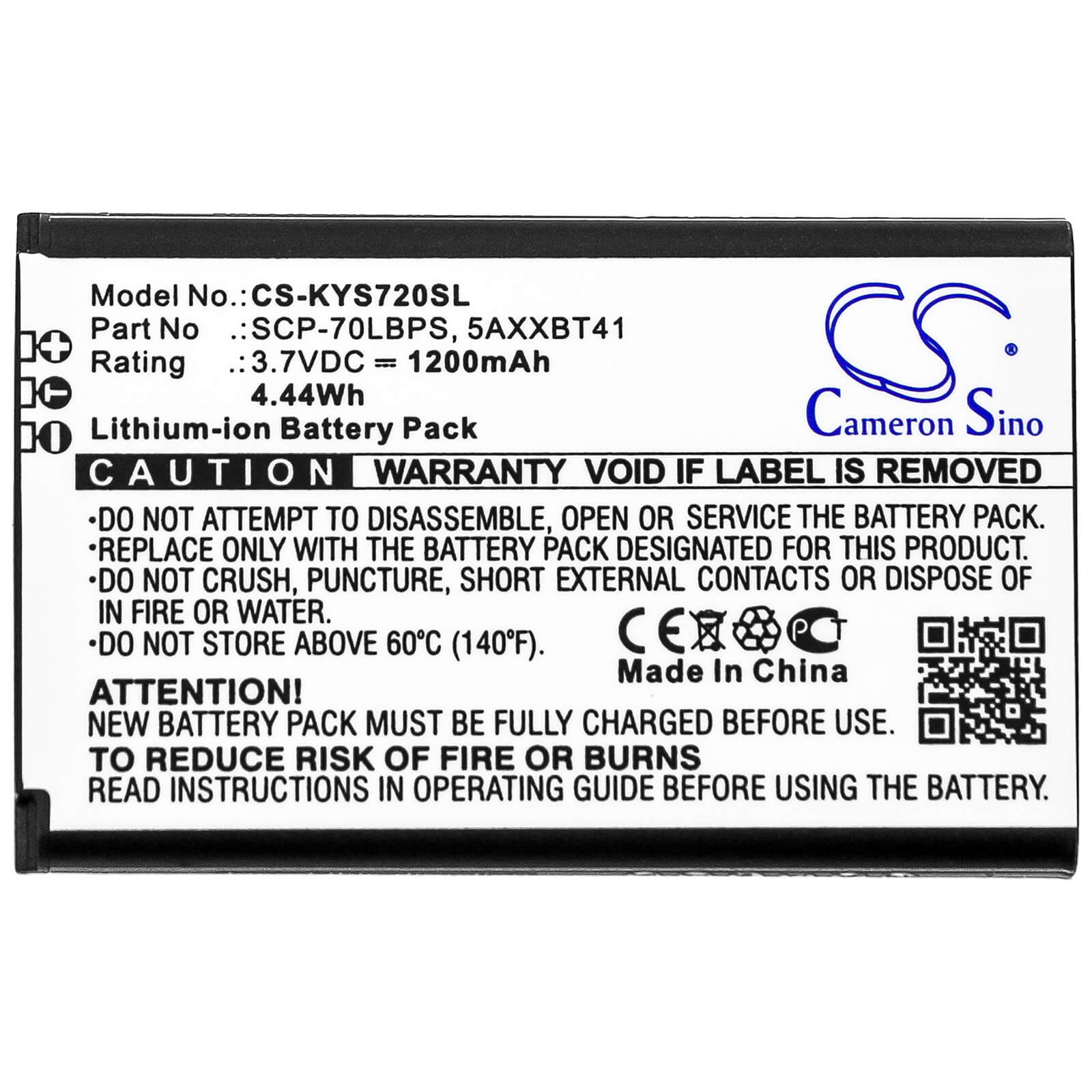 3.8V, 1200mAh, Li-ion Battery fits Kyocera, Cadence Lte, S2720, 4.56Wh