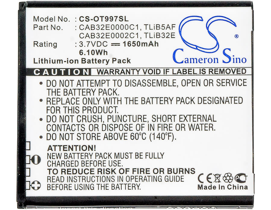 Mobile, Smartphone 3.7V, 1650mAh, Li-ion Battery fits Alcatel, Linkzone 41, Linkzone 5271, 6.105Wh