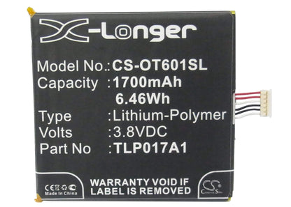 3.8V, 1700mAh, Li-Polymer Battery fits Alcatel, Idol 2 Mini, Idol Mini, 6.46Wh